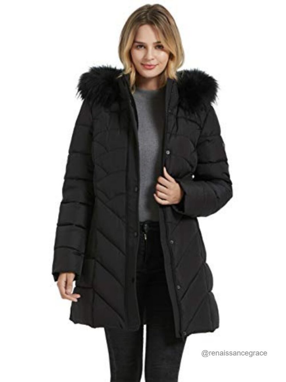 Women's Quilted Faux Fur Hood Long Parka Winter Coat Pockets